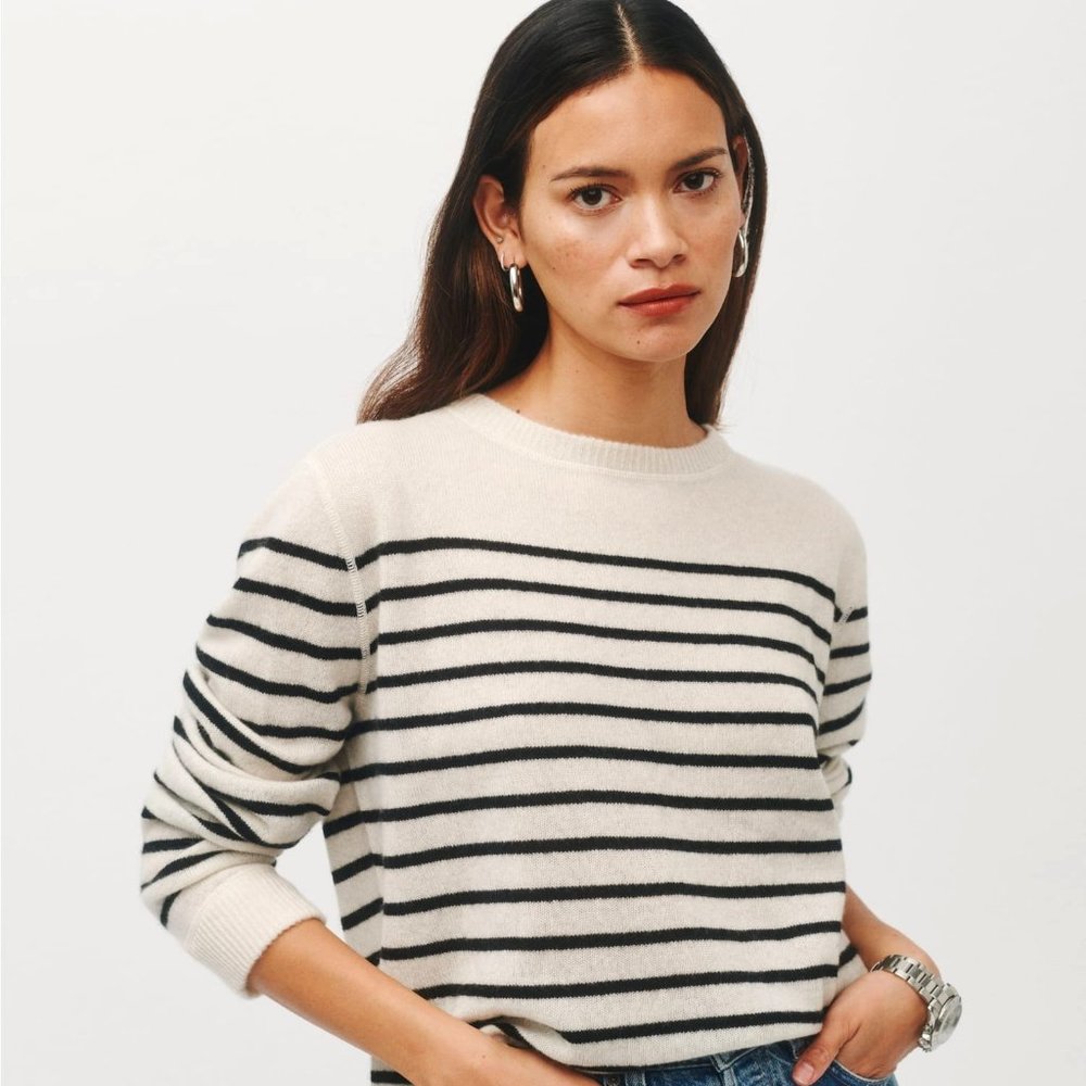 Reformation 100% Cashmere Boyfriend Sweater (Small / Oatmeal Stripe)